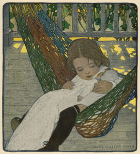Illustrazione: bambina con bambola su un'amaca